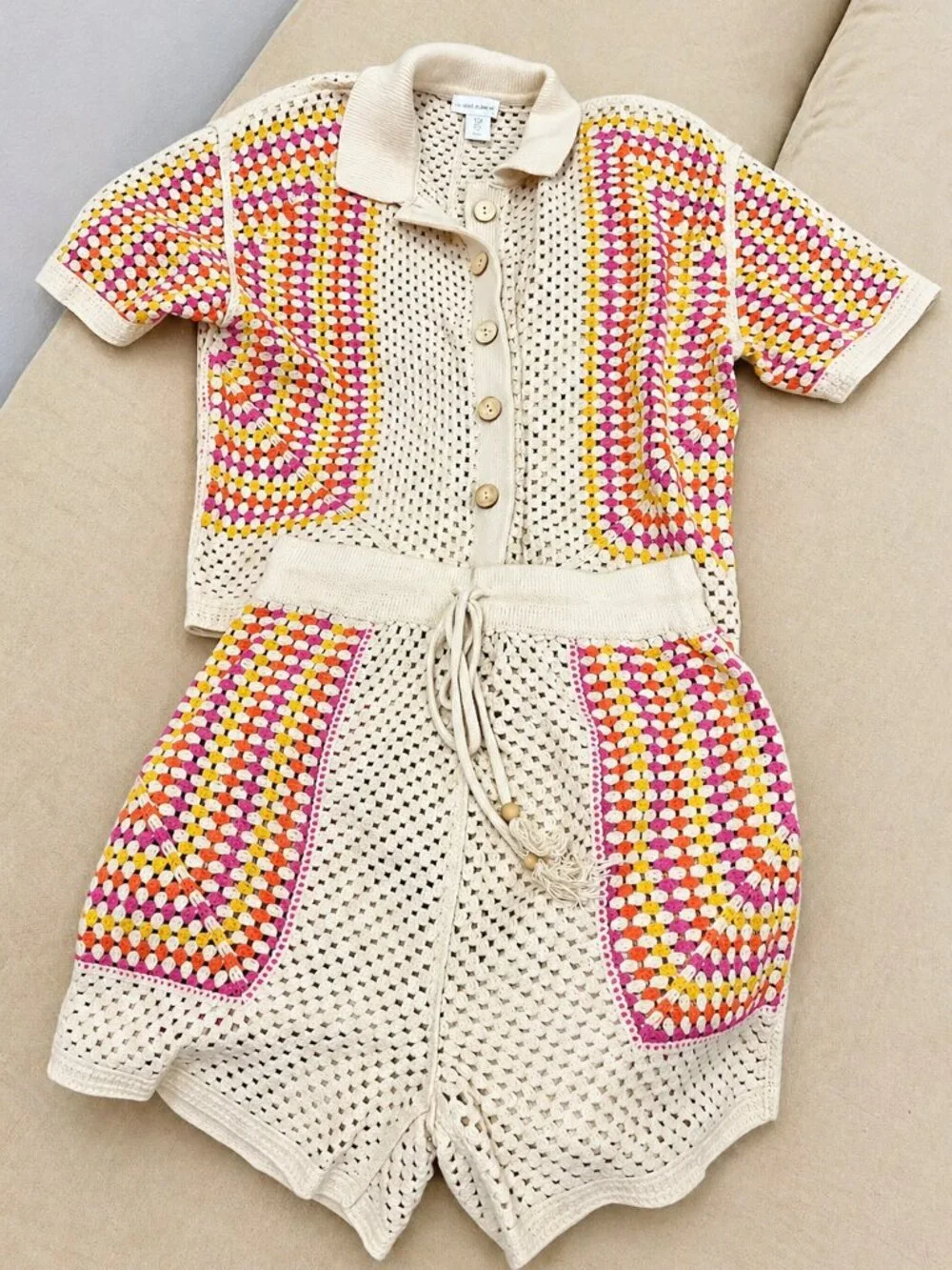 house of harlow 1960 crochet top shorts set cream multi S